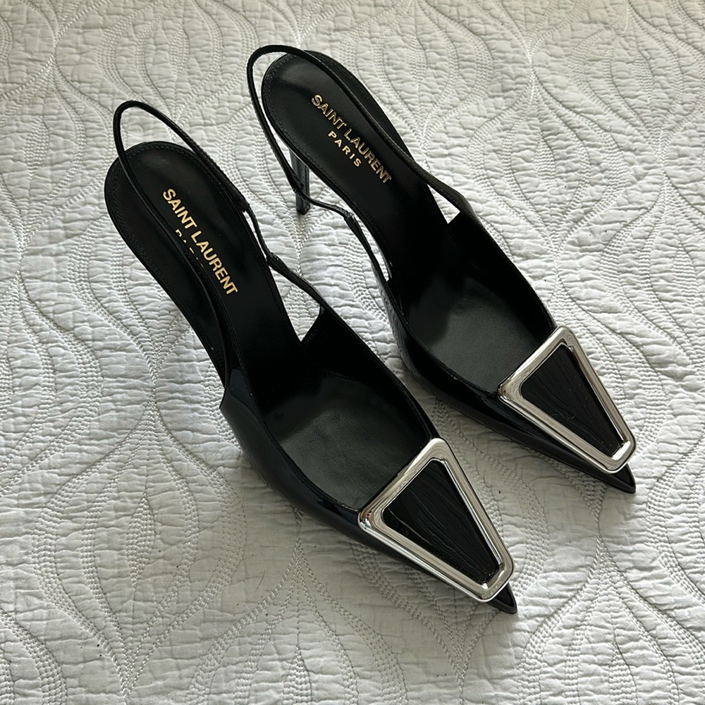 SAINT LAURENT Avenue Slingback Pumps Patent Black Leather